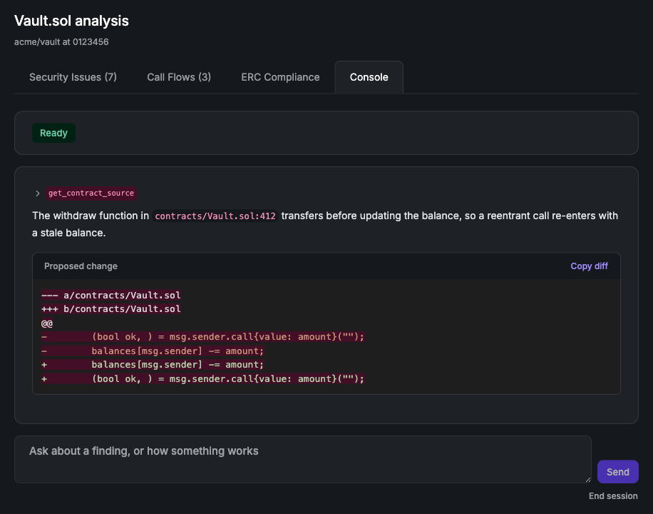 The AI console tab on an analysis of Vault.sol, showing a Ready badge, an expandable get_contract_source tool call, an answer explaining that the withdraw function transfers before updating the balance so a reentrant call re-enters with a stale balance, and a proposed diff reordering the two statements with a Copy diff action.